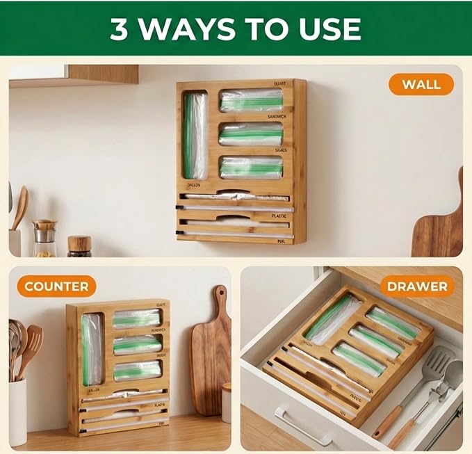 Bag Storage Organizer for Kitchen Drawer and Plastic Wrap Dispenser with Cutter, 6 In 1 Large Capacity Bamboo Foil and Plastic Bag Food Baggie Organizer for Snack, Sandwich, Gallon, Quart - Image 5