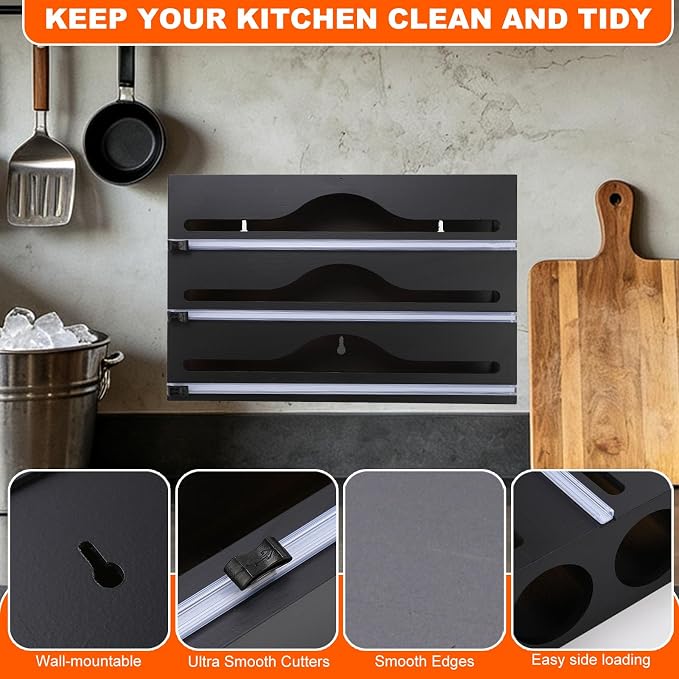 Wrap Dispenser Compatible with Saran, 3 in 1 Cutter Organizer, Black | Three slots hold standard 12-inch rolls, with side loading and wall-mount option to help keep cabinets and counters tidy - Image 5