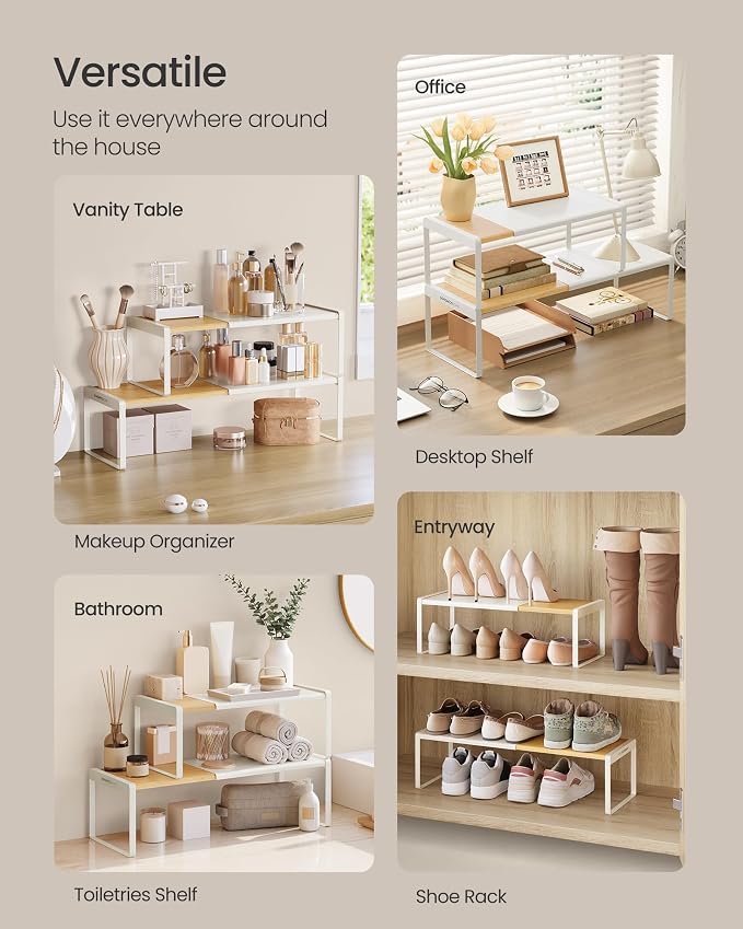 SONGMICS HOME Spice Rack, Expandable Cupboard Shelf Orgnizer,Bamboo | Kitchen Counter Shelves, Bamboo and Metal, Stackable, Natural Beige and Cream White, BYSTRO Collection UKCS051N01 - Image 6