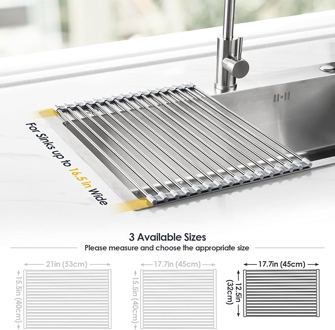 Tomorotec Roll Up Dish Drying Rack Over Sink, 304 Steel, 17.7x12.5, Marble | Anti-Slip Silicone Rims For Grip, Heat-Resistant Trivet Mat Holding Heavy Cookware, Rustproof Kitchen Counter Space Saver - Image 4