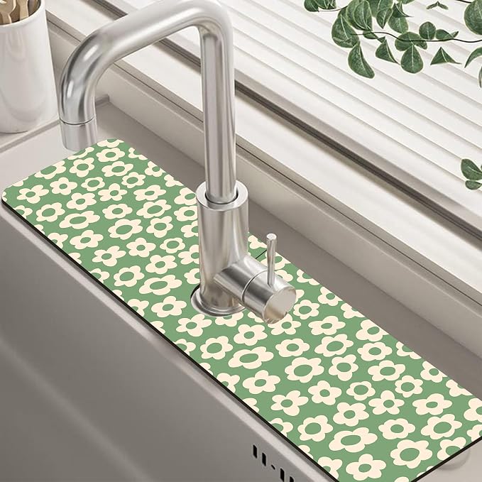 Vintage Groovy Flowers Sink Faucet Absorbing Mat Splash Guard Behind Faucet Sink Mat Absorbent Fast Drying Faucet Draining Mat for Bathroom Kitchen 5.5"×24" by Unknown