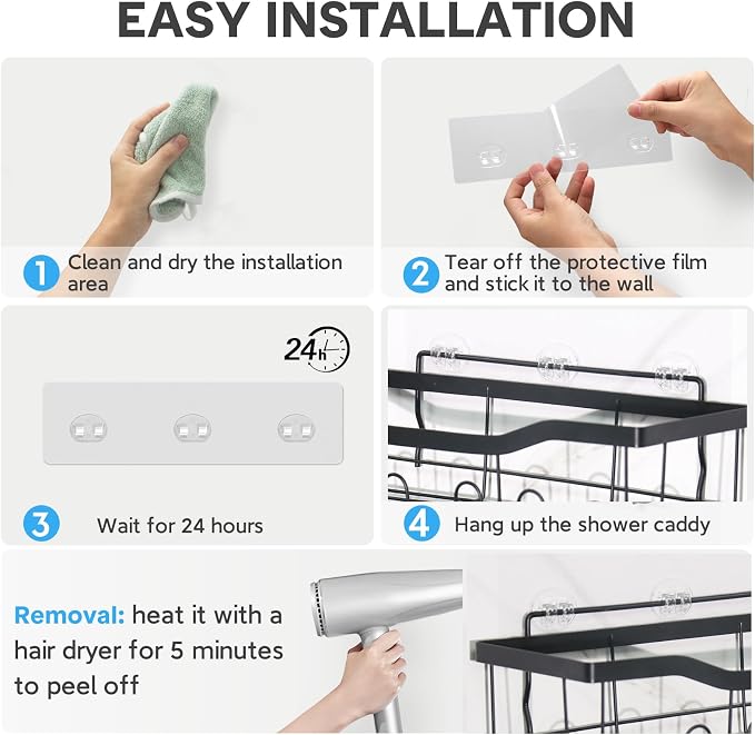 14 Pack Shower Caddy Adhesive Replacement, Strong Adhesive Hooks, Waterproof Shower Adhesive Strips, No Drilling, for Bathroom Storage Shelves and Kitchen Racks - Image 5