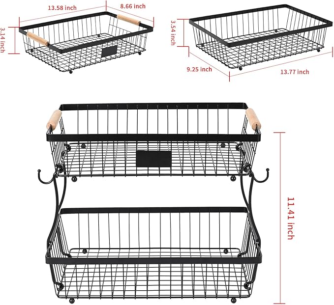 Fruit Basket Bowl 2 Tier Detachable with 2 Banana Hangers, Fruit Stand Holder for Kitchen Countertop, Metal Wire Vegetable Storage Organizer, for Bread Snack Veggies Produce, Black - Image 2