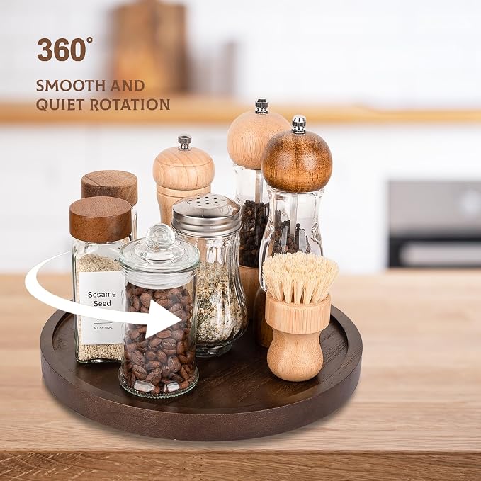 Wood Lazy Susan Organizer Kitchen Turntable for Cabinet Farmhouse Bathroom Decor Round Decorative Tray for Vanity, Counter, Sink, Coffee Table, 11 Inch, Walnut | Waterpoof, Easy clean, Non-slip, Rotating Wooden Decorative Pantry Table Tray for Seasonin... - Image 3