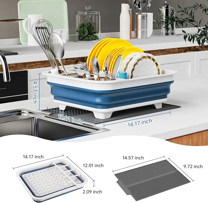 Dish Rack,Drying Rack Kitchen, Dish Racks for Kitchen Counter, Collapsible Dish Drying Rack—Suitable for Kitchens, motorhomes, Yachts, Campers - Blue-White (with Silicone Drain Pad) - Image 2