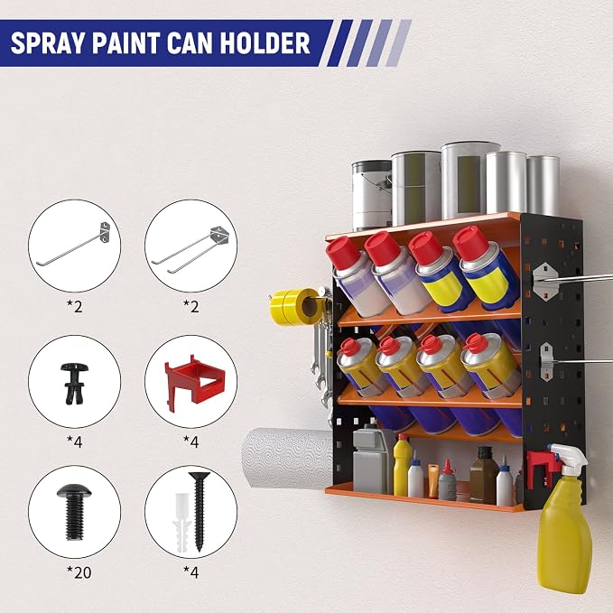 Wall Mount Spray Can Holder, Aerosol Spray Bottle Holder Storage Rack, Heavy-Duty Paint Bottle Organizer with 8 Can Holes & 4 Steel Hooks, 4 Plastic Hooks for Garage, Shop, Home or Tool Trailer - Image 7