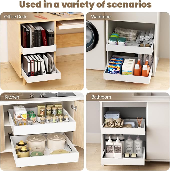 Dayacoco 2Pcs Dayacoco Pull Out Cabinet Organizer, Expandable Width (11.4"-19.4") and Depth (16.7"-21.4") With 3 Rails, Slide out Drawers for Kitchen Base Cabinet Organization, No Drill, White - Image 7