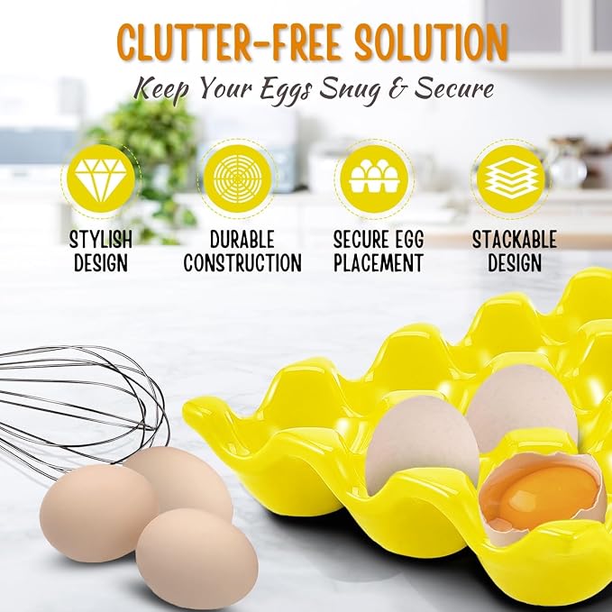 Flexzion 12 Cups Ceramic Egg Holder for Fridge - Dozen Ceramic Egg Tray Porcelain Container Storage Organizer Decorative Serving Stand Serveware for Refrigerator Countertop Display (Yellow, 2 Pack) - Image 4