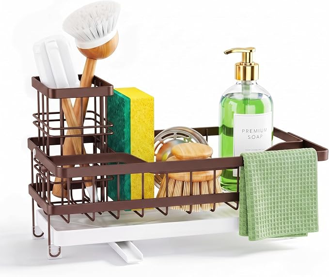 Sponge Holder for Kitchen Sink, Self-draining Sink Caddy with Towel Rack and Brush Holder, Metal Kitchen Countertop Organizers and Storage Essentials, Bronze - Image 8