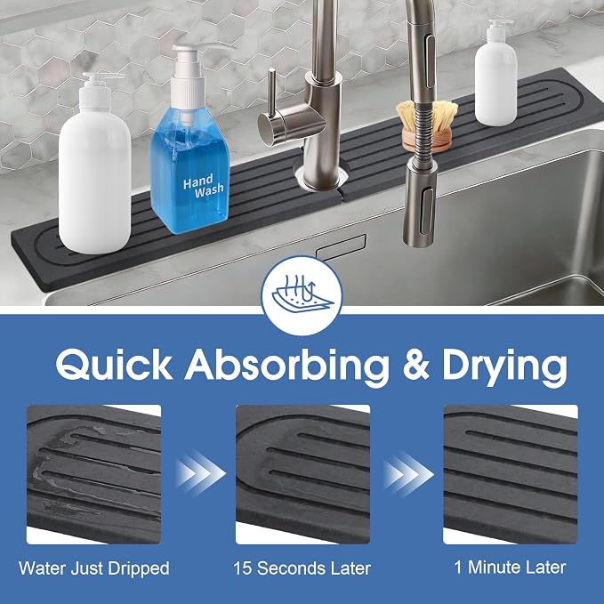 Stone Faucet Mat for Kitchen Sink with Raised Feet, Durable Diatomite Fast-Drying Stone Tray, Non-Slip Decorative Sink Protector for Kitchen Bathroom Counter, Easy Clean, Pure black, 30" x 4" - Image 5