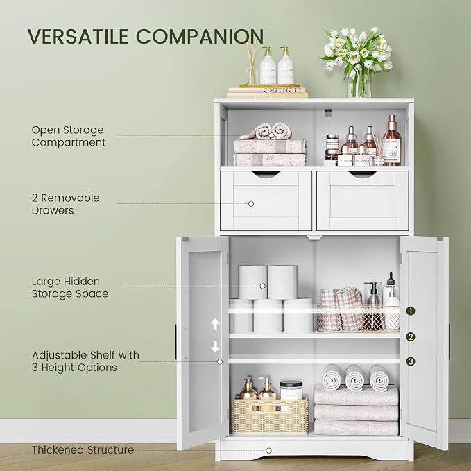 Iwell Bathroom Cabinet with Doors and Drawers, Freestanding Bathroom Storage Cabinet, Adjustable Shelves, for Living Room, Kitchen, Home Office, White - Image 5