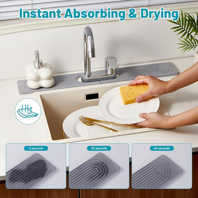 Stone Faucet Mat for Kitchen Sink Oval Hole Bathroom sink splash guard | Water-Absorbing Diatomite Stone Drying Mat & Sink Protectors Absorbent Stone Tray for Bathroom Counter, Oval Hole 6.5" x 2.5" - Image 6