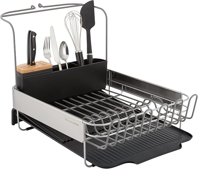KitchenAid Full Size, Rust Resistant Expandable Dish Rack with Angled Self Draining Drainboard, 24-Inch, Black - Image 2
