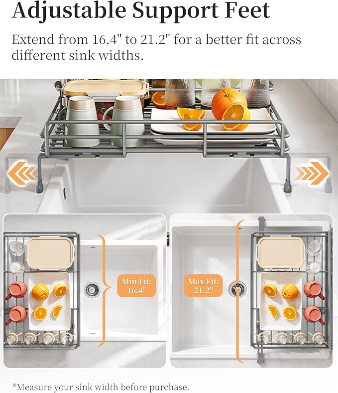 SAYZH Expandable Dish Drying Rack for Kitchen Counter, Metal, Grey | Foldable Over Sink, Large Capacity, Rust-Resistant, Adjustable for Most Sinks, Automatic Drainage, Removable Utensil Holder - Image 6