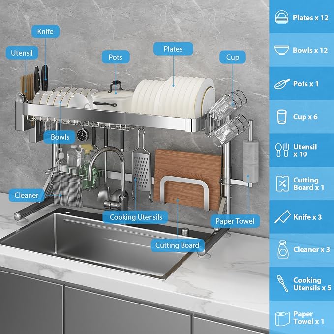 Over The Sink Dish Drainer Drying Rack 2 Tier Adjustable Width | 304 Stainless Steel Large Expandable Storage Kitchen Counter Organizer (Silver, 20.87'' to 37.6'') - Image 5