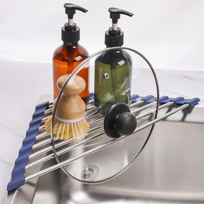 Tomorotec Triangle Roll-Up Dish Drying Rack for Sink Corner Small Foldable Stainless Steel Over The Sink Multipurpose Kitchen Drainer Caddy Organizer Storage Shelf Holder (Deep Blue) | BPA-Free Food-Grade Silicone Edges Foldable Waterproof Rustproof He... - Image 8