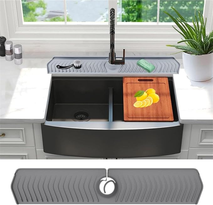 Large Size Kitchen Sink Splash Guard, 24"Silicone Faucet Handle Drip Catcher Tray Mat for for Kitchen Countertop, Bathroom, Farmhouse (Grey, 24" x 5.8") by EORROE