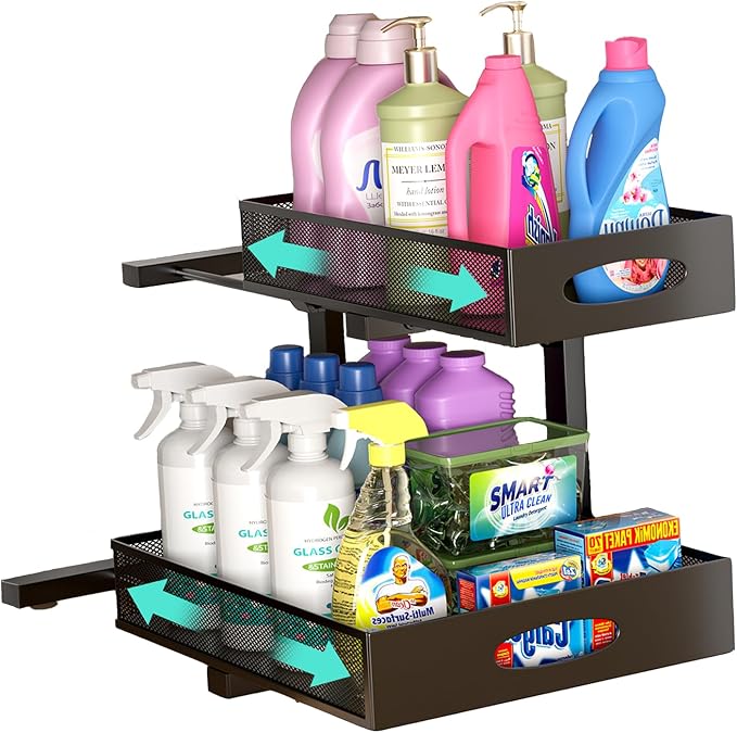 Under Sink Organizer, Extra-Wide Upgrade, 1-Pack of 2-Tier Metal Slide Out Cabinet Organizer, Height Adjustable Organization and Storage Series, Bathroom/Cabinet/Kitchen organization, Black by Beleeb