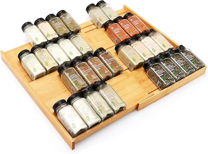 Bamboo Spice Drawer Organizer, 4-Tier Spice Rack for Cabinet | 12"-23" Expandable,No Assembly,Seasoning Storage Insert,(Need 3.1” Deep Drawer) Spice Organizer for Drawer,Jars Not Included by Thalomely