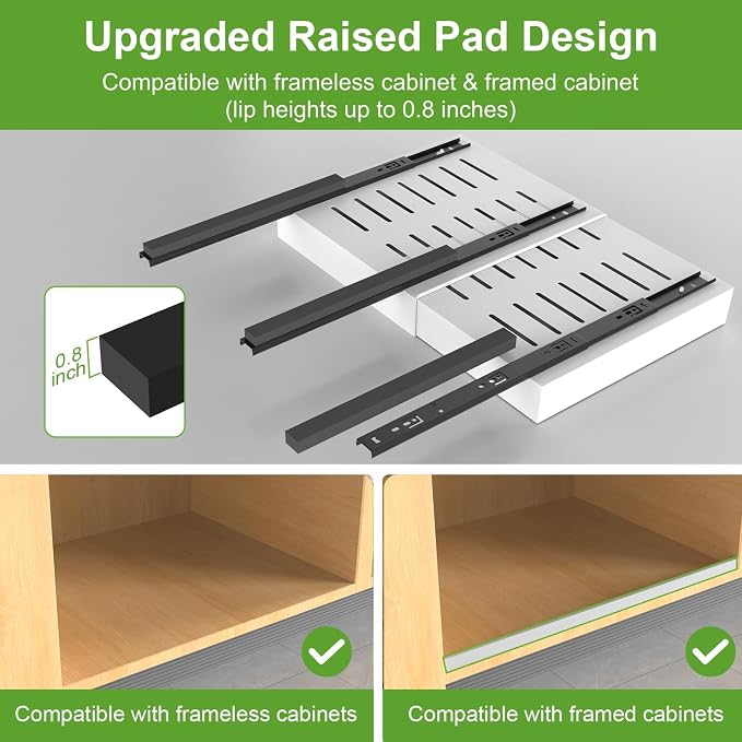 2-Pack Expandable Pull Out Cabinet Organizer 21"Deep(12.2"-20.5"W), 3 Full Extension Glides Slide Out Drawers, Roll Out Shelves Adhesive Raising Pad,Compatible Framed Cabinets,90lb Cap,White - Image 3