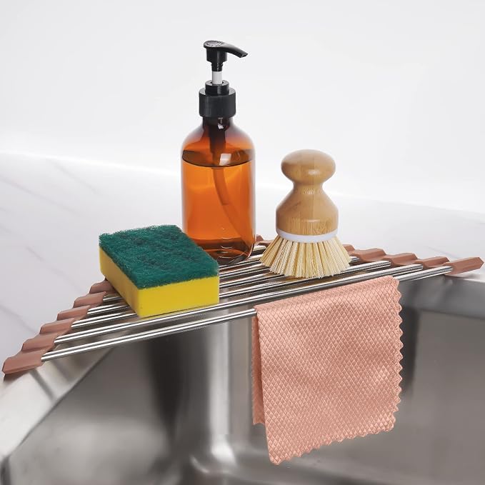 Tomorotec Triangle Roll-Up Dish Drying Rack for Sink Corner Small Foldable Stainless Steel Over The Sink Multipurpose Kitchen Drainer Caddy Trivet Rustproof Storage Shelf (Chocolate Brown) | BPA-Free Food-Grade Silicone Edges Foldable Waterproof Rustpr... by Tomorotec