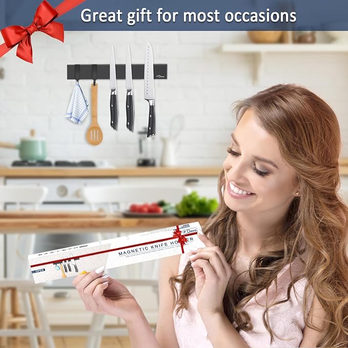Dmore magnetic knife holder for wall—with 2 hooks, No Drilling 12 Inch black knife magnetic strip, Powerful knife magnet rack, include Adhesive Tape and screws for Knives, Utensils, and Tools - Image 6