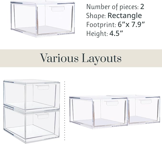 STORi Audrey Stackable Clear Bin Plastic Organizer Drawers | 2 Piece Set | Organize Cosmetics and Beauty Supplies on a Vanity | Made in USA (Pack of 3) - Image 7