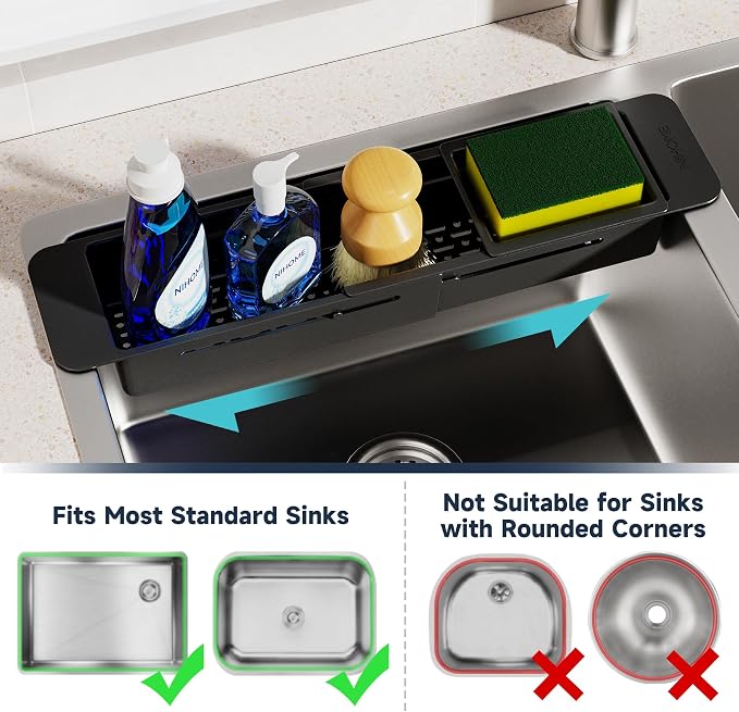 NiHome Extendable Kitchen Sink Caddy, Small Brush Sponge Storage Holder | Expandable Kitchen In Sink Organizer for Brush & Sponge with Drainage, Adjustable Length, Non-Slip Pads, Durable ABS (Black) - Image 4