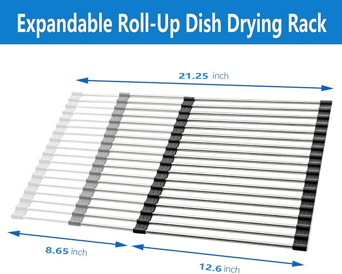 Expandable Roll Up Dish Drying Rack Over The Sink Rack, Foldable Dish Drainer Rack Stainless Steel for Large Sink, Silicone Rollable Collapsible Rack 18 Tube for Kitchen(Sliver,12'' to 21.14”) - Image 6