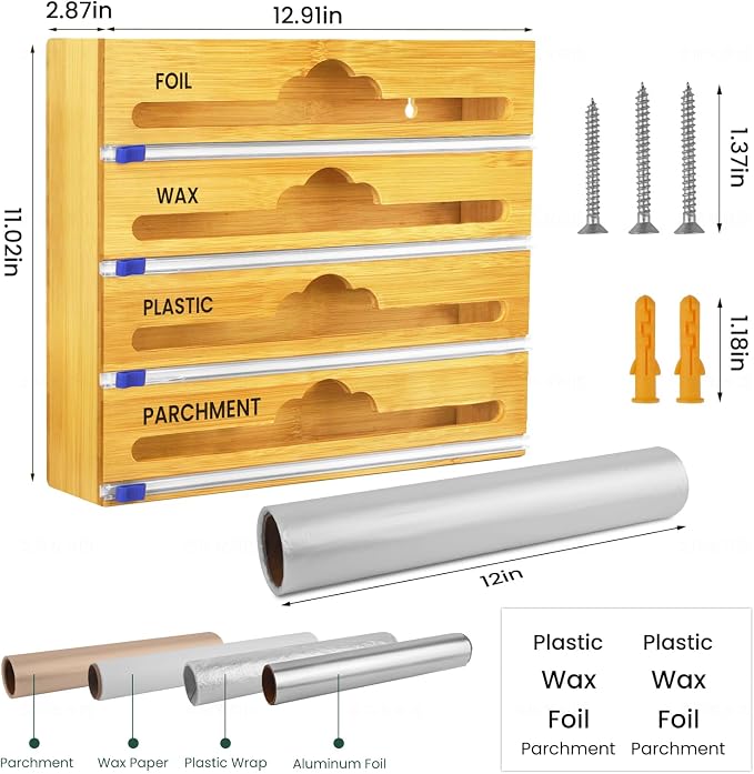 Bamboo 4 in 1 Saran Wrap Dispenser with Cutter & Labels - Foil & Plastic Wrap Organizer - Aluminum Foil Wax & Parchment Wrapping Paper Storage for Kitchen Drawer - 12" Roll - Image 2
