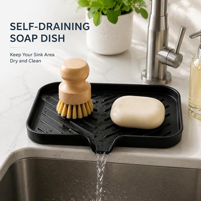 MicoYang Silicone Soap Dish with Drain Spout — Self-Draining Sink Organizer Tray for Bathroom & Kitchen, Sponges, Dispensers & Soap Holder, Non-Slip & Dishwasher Safe, Black (Medium, 9.6"×5.3") - Image 7