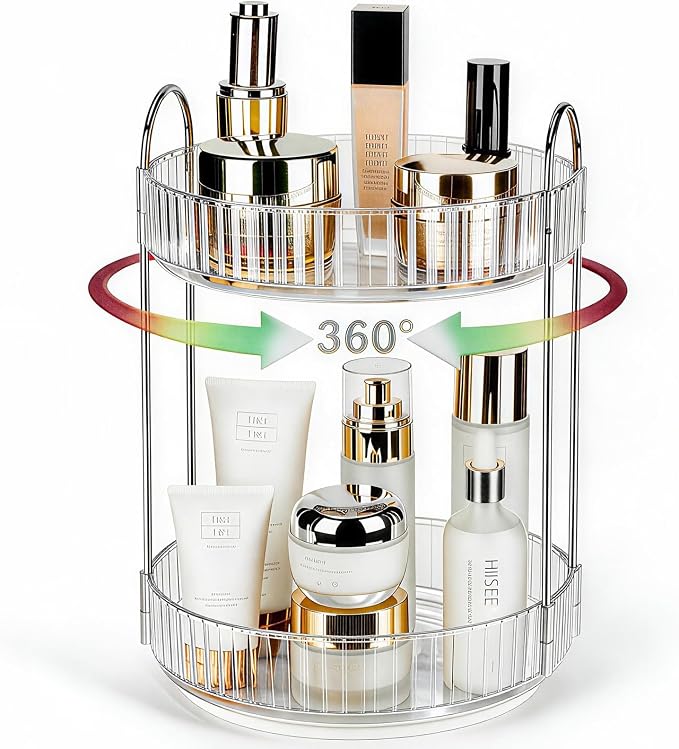 360 Rotating Makeup Organizer, 2 Tier Lazy Susan Bathroom Counter Organizer, Skincare Organizers, Spinning Perfume Organizer & Vanity Organizer Countertop (Silver Clear, 2 Tier) by Niluks
