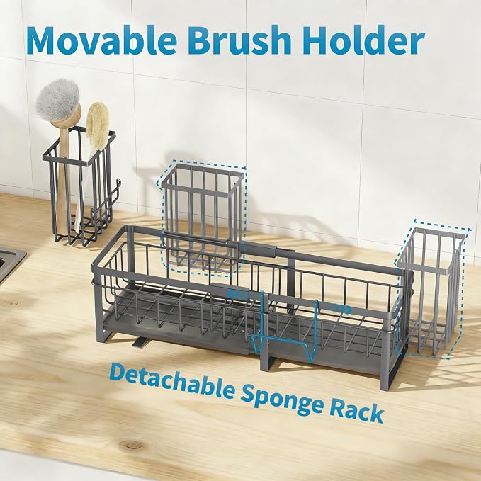 Extra Large Extendable Sponge Holder for Kitchen Sink Caddy Organizer | Rustproof Sink Caddy Organizer with High Brush Holder, Dish Soap Dispenser Organizers and Storage (Black) - Image 6