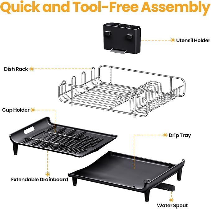 TOOLF Expandable Dish Drying Rack for Kitchen Counter, Black | Collapsible 16.7"-26.8", Stainless Steel Dish Dryer Rack Drainer for RV, Apartment, with Cutlery Holder, Fits for 3-4 People - Image 8
