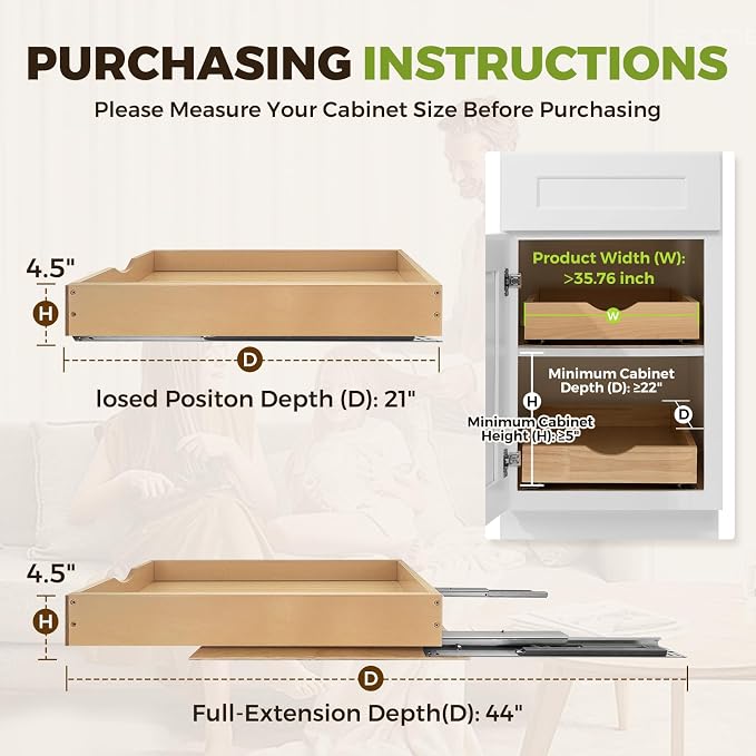 Pull Out Drawers for Cabinet Wood 33" W x 23" D Slide Out Organizer | Pull Out Cabinet Organizer, Solid Wood with Soft Close Bottom Rails, 57 LB Capacity, Waterproof Coating Suit Kitchen Bathroom - Image 4