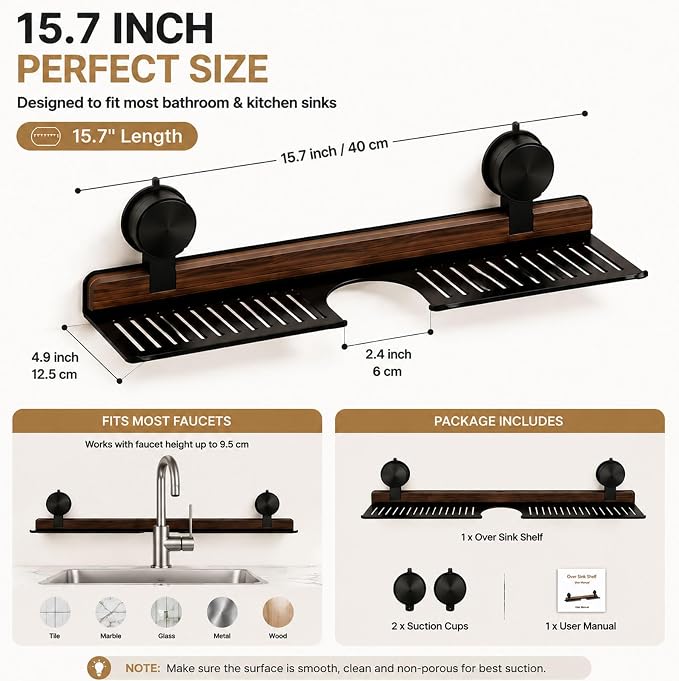Bathroom Over Sink Shelf, 15.7 Inch No Drill Sink Organizer | Bathroom Counter Storage Rack for Toothbrush, Soap, Skincare and Accessories, Black - Image 3