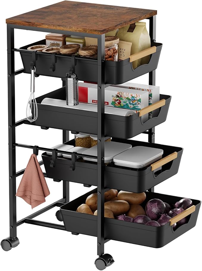 5-Tier Kitchen Storage Cart, Wood Top Rolling Cart Organizer with Pull-Out Baskets & Wheels, Metal Snack Cart with Holder for Fruit, Vegetable, Microwave, Kitchen, Pantry, Black by Landmok