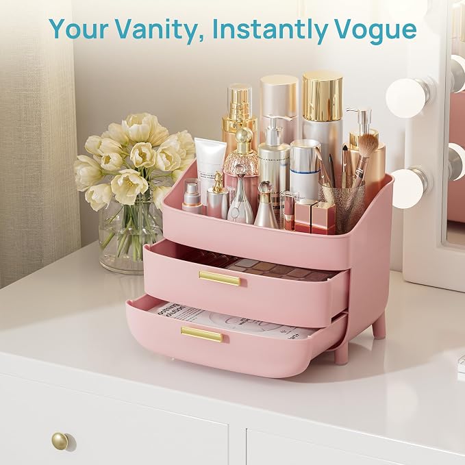 Vtopmart 3-Tier Skincare Makeup Organizer, Pink | With Drawers, For Vanity and Bathroom Countertop, Large Cosmetic Storage Box Case for Dresser, With Non-Slip Base - Image 6