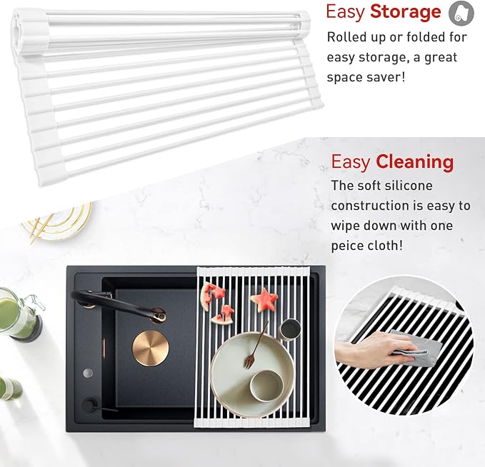 MERRYBOX Roll Up Dish Drying Rack, Silicone Wrapped Over The Sink Dish Rack Foldable Dish Drainer Anti-Slip Dish Racks for Kitchen Sink, Multipurpose Kitchen Sink Drying Rack, 17.5" x 13", White - Image 3