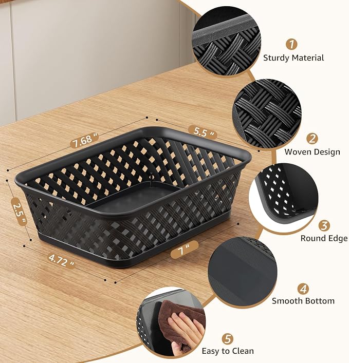 MaxGear 3 Pack Plastic Storage Baskets, Small, Black | Durable Woven Plastic with Built-In Handles, Suitable for Shelves, Closets, Cabinets, Bathrooms and Offices - Image 2
