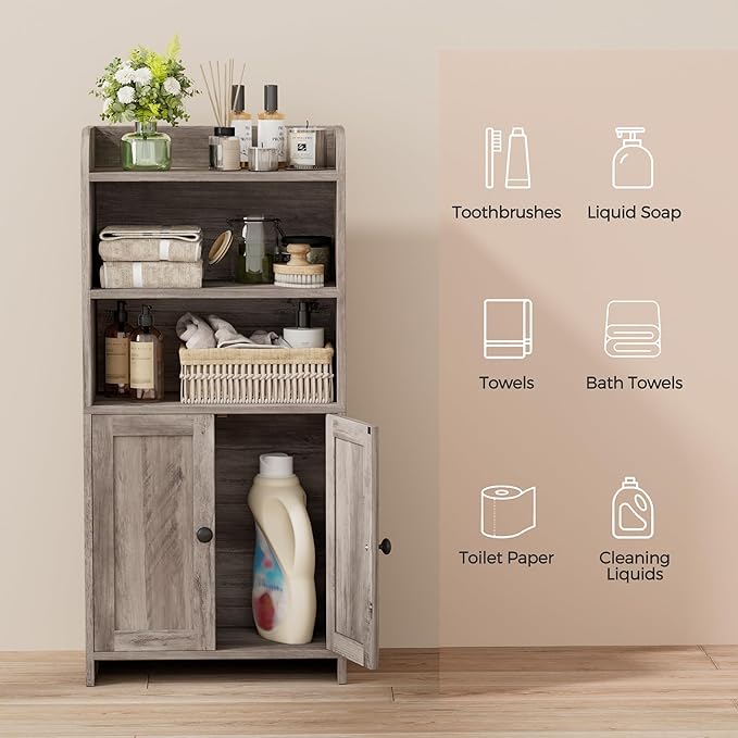 Homhedy Small Bathroom Storage Cabinet, Toilet Paper Storage Cabinet | Bathroom Floor Cabinet with Doors and Shelves, Bathroom Organizers for Small Spaces, 7.9" D x 14.6" W x 31" H, Greige - Image 4