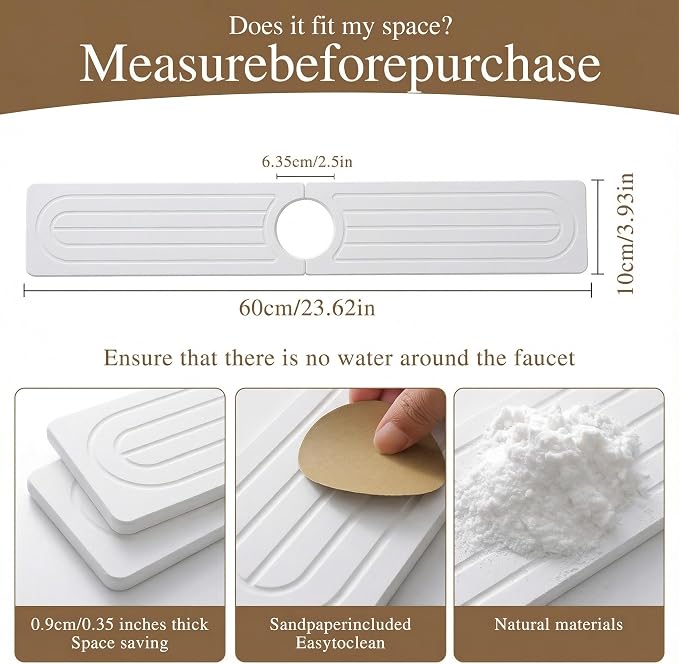 Diatomite Faucet Mat for Kitchen Sink, Quick-Dry Stone-Like Sink Mat, Flat Lay Absorbent Countertop Drying Mat for Faucet Area, Hard Diatomite Mat, White, 23.6 x 4 in - Image 5