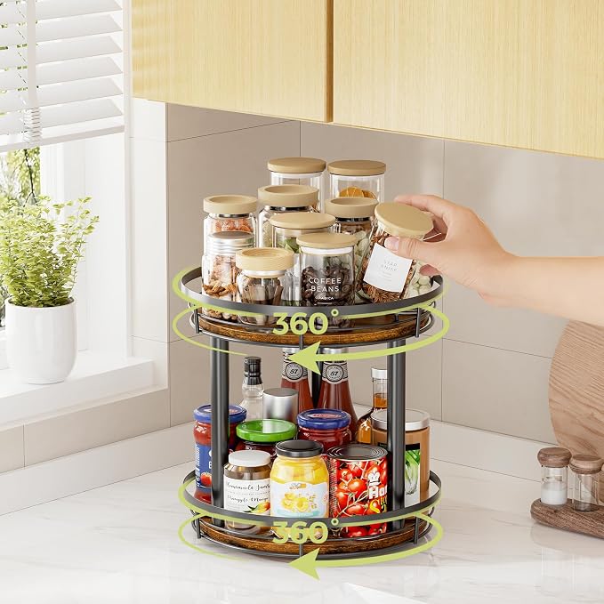 LAMU 10'' Wood Lazy Susan Spice Rack Organizer, 2 Tier Spice Organization for Cabinet, Countertop, Kitchen, Table Top, Pantry, Condiment and Seasoning Rack Organizer - Image 4