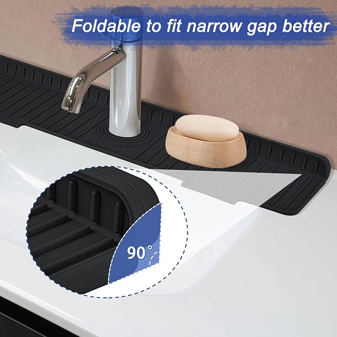 Kitchen Sink Splash Guard, 20 inch Silicone Faucet Guard & Draining Mat, 10° Large Slope Sink Faucet Mat Splash Guard, Bathroom Sink Organizer, Kitchen Sink Accessories Gadgets, 20 x 5.5”, Black - Image 4