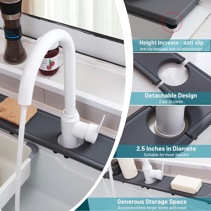Faucet Mat for Kitchen Sink with Raised Feet, Fast Drying Diatomite Stone Sink Tray, Water Absorbent Faucet & Sink Splash Guard, Prevents Moisture Buildup, Durable Protector for Bathroom Counter - Image 2