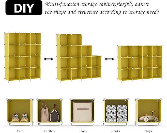 AWTATOS Cube Storage Organizer Closet Organizers 12 Cube Storage Shelves | Protable Closet for Kids DIY Stackable Cube Shelves Bookshelf Clothes Organizer for Bedroom, Home, Yellow - Image 6