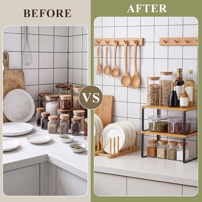 8 Pcs Kitchen Organizer Accessories Set Stackable Cabinet Organizer Shelf and Bamboo Plate Holder Dish Rack for Plates Bowls Pot Lids Cups Glasses Cutting Boards Countertop Storage(Natural) - Image 3