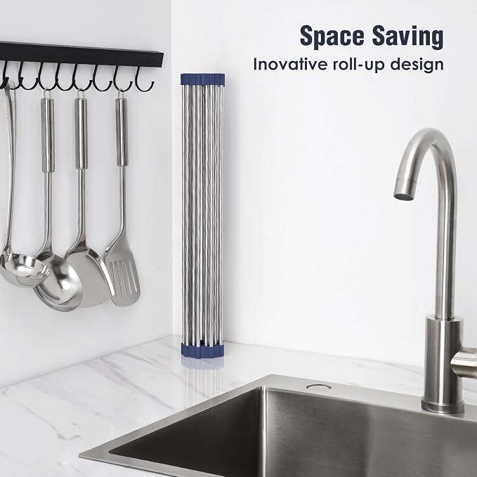 Tomorotec Roll Up Dish Drying Rack Over Sink, 304 Steel, 17.7x12.5, Indigo | Anti-Slip Silicone Rims For Grip, Heat-Resistant Trivet Mat Holding Heavy Cookware, Rustproof Kitchen Counter Space Saver - Image 3