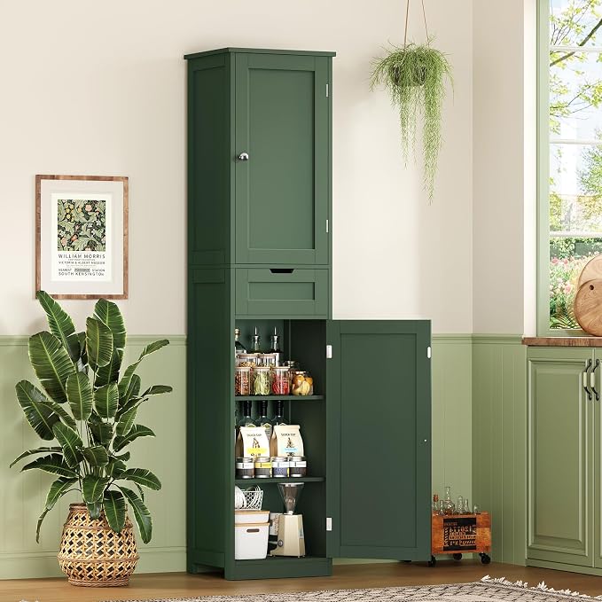 Iwell Tall Bathroom Storage Cabinet with 2 Doors & 1 Drawer, Narrow Storage Cabinet with Adjustable Shelves, for Living Room, Bathroom, Kitchen, Forest Green - Image 8