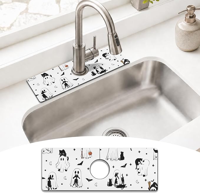 Halloween Kitchen Sink Splash Guard Faucet Mat,Cats Ghosts Bat Halloween Faucet Non-Slip Absorbent Mat,Farmhouse Sink Splash Guard Behind Faucet for Kitchen Bathroom,15"x5.5" by puwbnhj